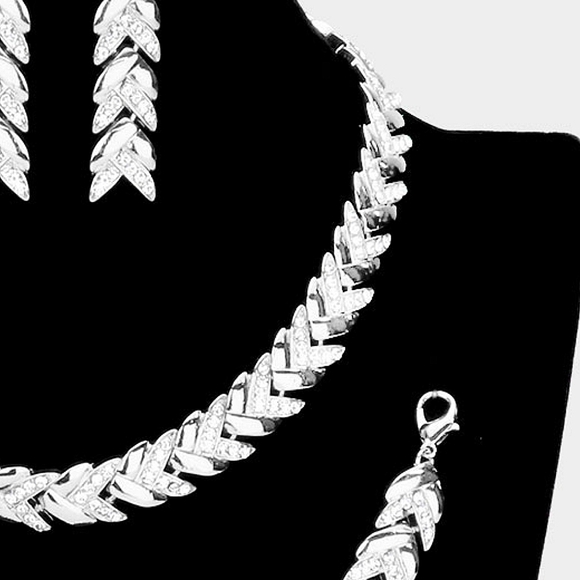 Silver 3 Piece Chevron Link Rhinestone Necklace Jewelry Set Fashion Statement - Picture 4 of 4